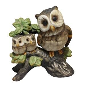 Ardco Owl Figurine Mama with 2 Babies on Branch, Retro 1970s Vintage